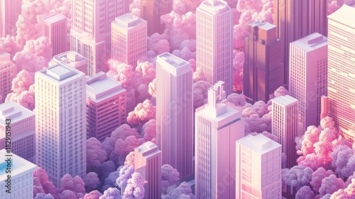 Surreal Cityscape with Vibrant Pink Trees and Modern Skyscrapers Amidst a Dreamy Atmosphere of Soft Colors and Light Reflections for a Futuristic Urban Aesthetic