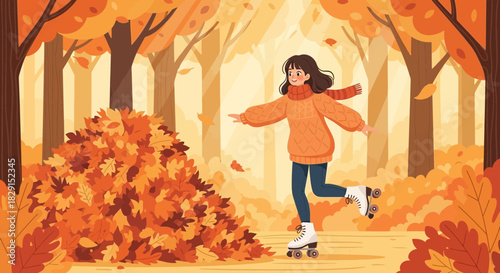 Joyful autumn adventure: Roller skating through a forest of golden leaves