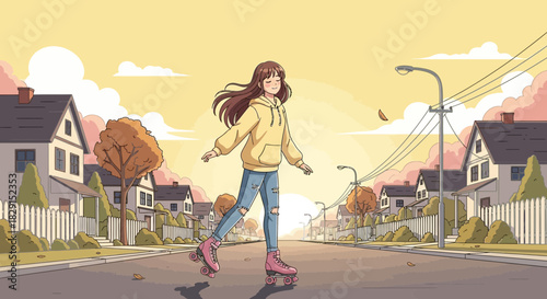 Anime inspired girl gliding on roller skates through quiet suburban streets
