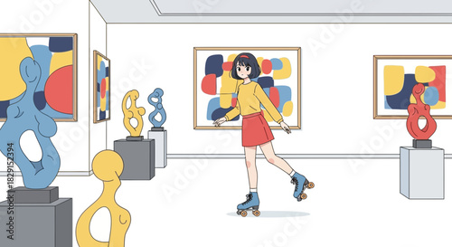 Whimsical art appreciation, girl on roller skates inside a modern art gallery