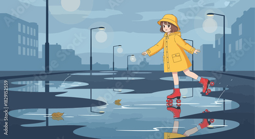 Rainy day stroll: Girl roller-skating through city puddles with whimsical flair