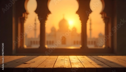 An empty table adorned with candles, showcasing the Mosque in the background during a serene Ramadan evening