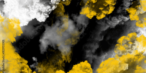 A dramatic gray, yellow and white smoke cloud against a black background, perfect for evoking mystery or a cinematic atmosphere, Yellow & Gray Smoke Clouds: Abstract Background. 