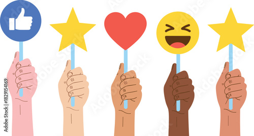 Diverse hands holding various positive feedback icons including like, star, heart and emoji, representing rating, review, social engagement illustration