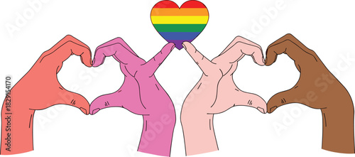 Diverse hands forming heart shapes around rainbow pride heart symbol celebrating love equality unity inclusivity and LGBTQ community support illustration