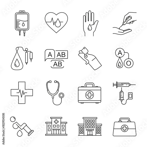 Essential medical care icons showcase healthcare services, featuring blood donation, hospital, and first aid, ideal for health and wellness campaigns