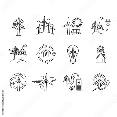 Sustainable energy solutions icons for modern eco-friendly projects, wind turbines, solar panels, and green energy storage for a better future