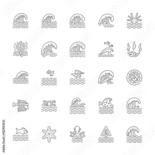 Explore sea life with these minimalist nautical icons, perfect for branding, web design, and creative projects with an ocean theme, originally a vector graphic
