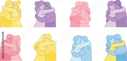 Colorful illustrated couples hugging in emotional comforting poses, expressing love, support, affection and togetherness, heartwarming relationship collection design