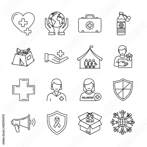 Essential aid icons for global support: heart, earth, medical kit, water, shelter, hand, volunteers, safety, megaphone, ribbon, relief, unity for impactful projects