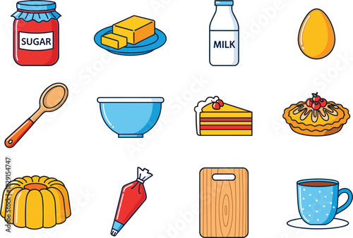 Colorful baking ingredient icons, kitchen utensils, dessert preparation tools, sugar, butter, milk, eggs, cake, pie, mixing bowl illustration set