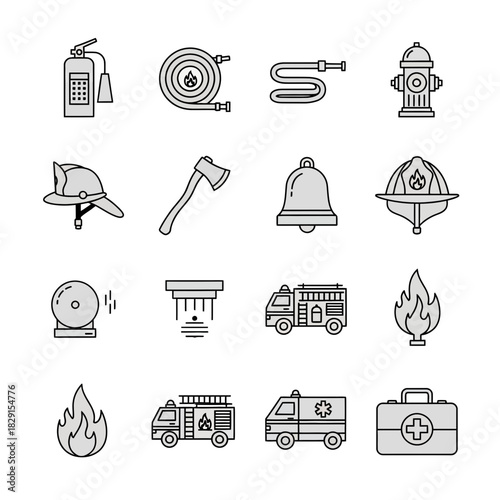 Essential firefighter equipment icons in a modern flat design, conveying safety, protection, and emergency services for professional use, scalable resource