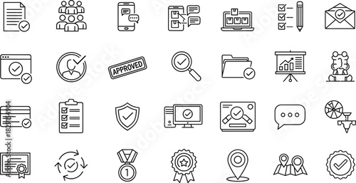 Collection of approval and verification line icons featuring check marks, business workflow symbols, communication tools, certified badges, quality assurance elements