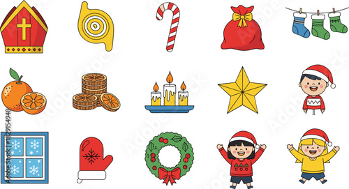 Christmas holiday illustration set with kids, gifts, candy cane, oranges, candles, star, wreath, stockings, festive icons for winter celebration