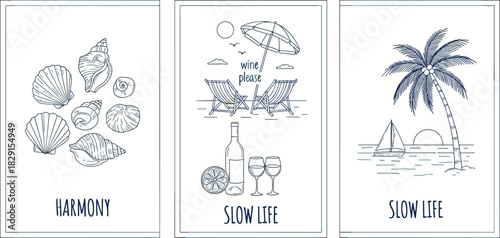 Coastal beach illustration set with seashells, summer chairs, umbrella, wine glasses, palm tree and sailboat, relaxing slow life nautical artwork design