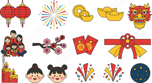 Chinese New Year celebration icons with lanterns, fireworks, lucky coins, dragon mask, family reunion, red envelopes, cherry blossoms, festive holiday elements