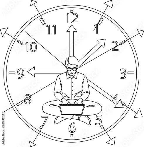 Business concept illustration of man working on laptop inside giant clock, symbolizing time pressure, productivity challenge, multitasking stress, and deadline urgency