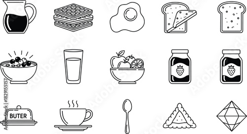 Black and white breakfast food icon set featuring juice, waffles, eggs, toast, fruit, cereal, coffee, butter, jam, perfect for menu design