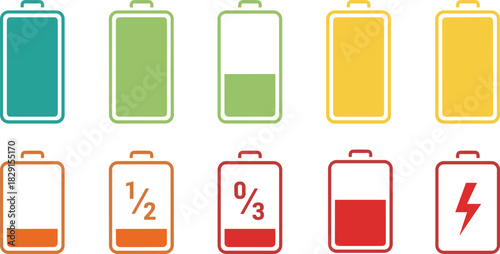 Battery level icons collection showing charging indicators, power status symbols, energy percentage graphics, colorful battery illustrations for technology, mobile devices, user interface design