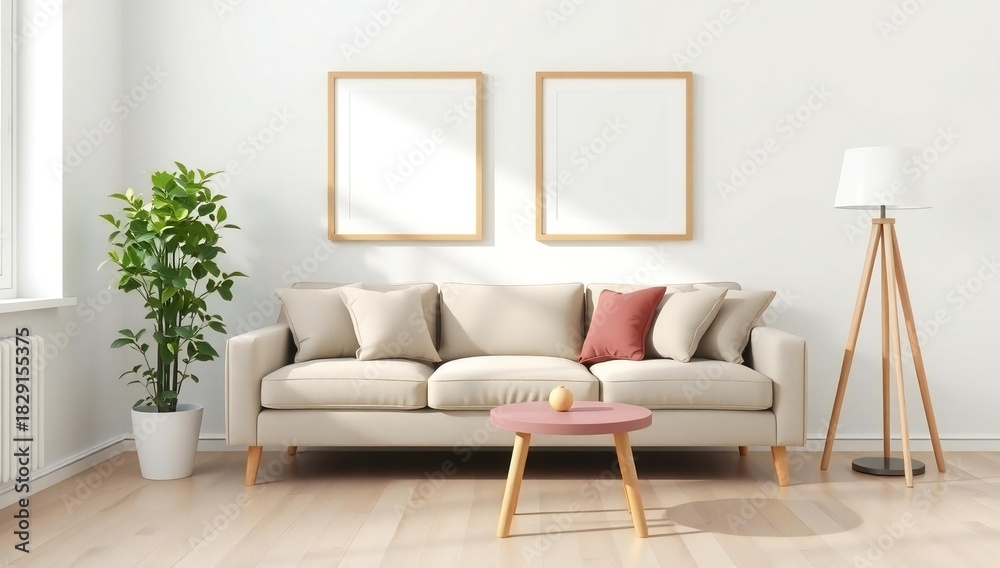 Obraz premium Cozy living room with sofa plants and artwork mockups