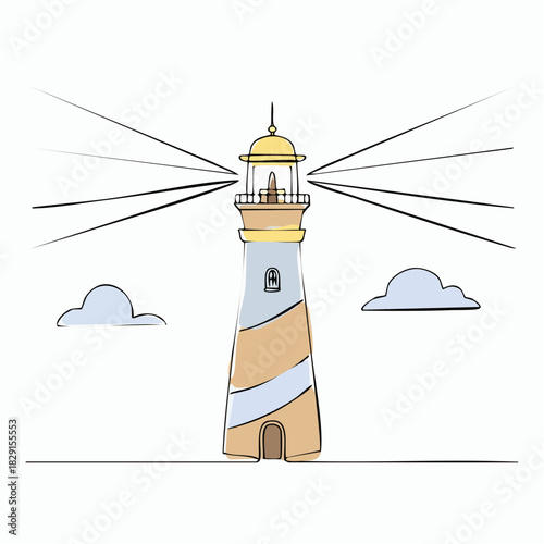 Lighthouse tower in one continuous line drawing. Light house with beams of light shining in all directions in simple linear style.