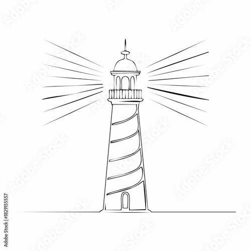 Lighthouse tower in one continuous line drawing. Light house with beams of light shining in all directions in simple linear style.