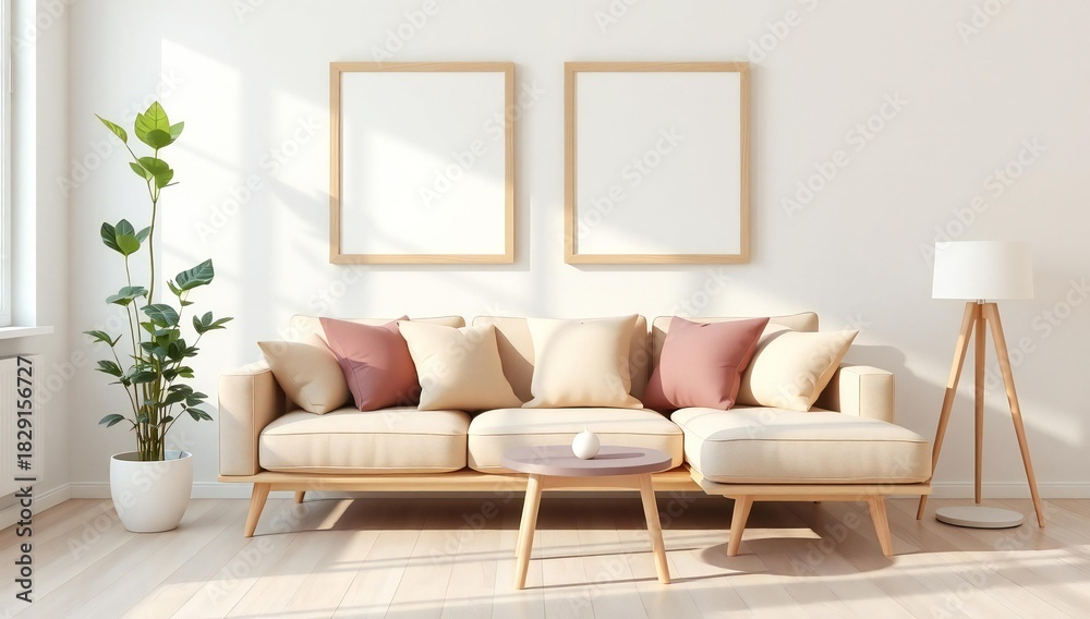 Obraz premium Bright modern living room with sofa and two blank frames on wall