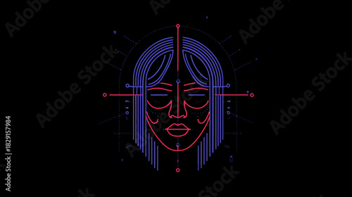 Stylized Geometric Female Face Illustration with Closed Eyes and Abstract Halo on Black Background. Modern Line Art Design.