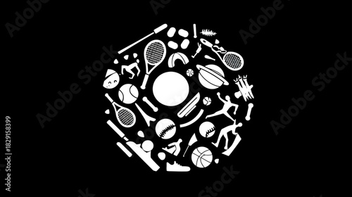 Sports equipment and activity icons collection in a minimalist black and white circular composition for recreation and fitness