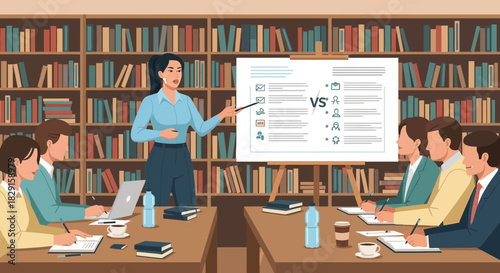 Business meeting with presentation of alternatives in a library backdrop setup