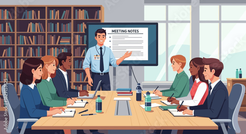 Engaging team meeting with presentation and active note-taking session illustration