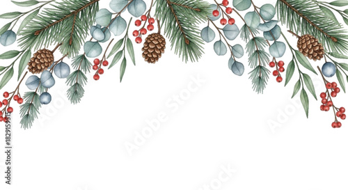 Christmas border with Christmas tree branches and fir cones on transparent Background. Background template for Christmas and New Year. Design for congratulation, invitation, banner and postcard. 