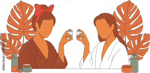 Two women in skincare routine holding cosmetic bottles, beauty wellness illustration, natural skincare products, self-care spa treatment concept art