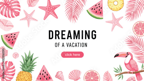 Tropical summer vacation banner with pink beach elements, fruits, seashells, toucan illustration, holiday travel design, creative seasonal advertising background