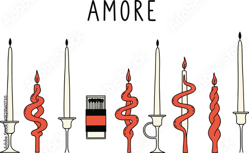 Romantic amore themed twisted candles illustration with matchbox, decorative burning candles, cozy love atmosphere, hand drawn doodle style artwork