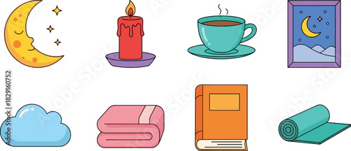 Relaxing bedtime essentials illustration set with moon, candle, tea cup, cozy blanket, cloud, book and yoga mat for calm nighttime routine