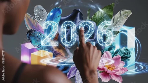 Futuristic Vision: Hand Interacting with Holographic 2026 Year Amidst Natural and Digital Elements
