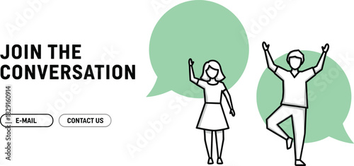 Modern community engagement banner featuring cheerful illustrated characters, speech bubbles, and contact buttons encouraging communication, connection, and interactive conversations online