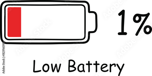 Low battery warning illustration showing 1 percent power level, red energy bar icon, digital device charge alert graphic for technology use