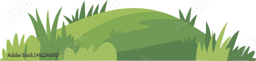Minimal flat illustration of a green grassy hill with stylized bushes and foliage on a clean white background, ideal for nature scenes, banners, and kids projects