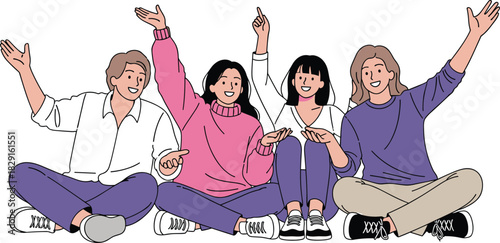 Happy diverse friends sitting together celebrating friendship and unity, cheerful group illustration showing joyful people raising hands in fun casual style