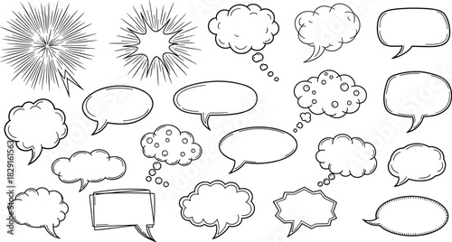 Hand-drawn comic speech bubbles and thought clouds collection, sketch style dialogue elements, cartoon explosion effects, blank callouts for creative design