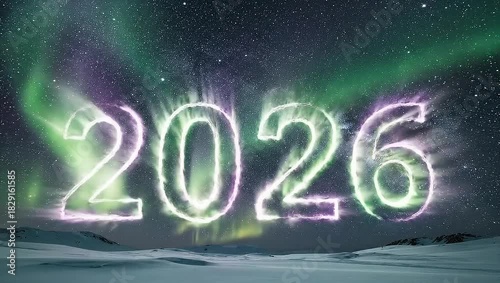 Glowing Year 2026 Forms in Vibrant Aurora Borealis Sky Over Snowy Winter Landscape
