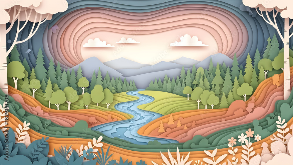 Fototapeta premium Discover a vibrant landscape with a serene river winding through lush forests and rolling hills, perfect for nature lovers and outdoor enthusiasts to explore