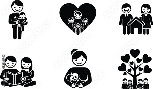 Family care icons, parenting symbols, mother and child illustration, father holding baby, breastfeeding, reading family, love and home concept graphics