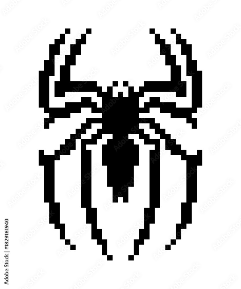 Obraz premium Black pixel art spider icon in retro 8bit style. modern tattoo and sticker design.
