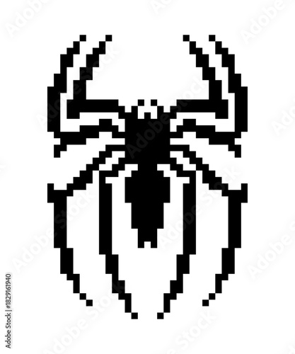 Black pixel art spider icon in retro 8bit style. modern tattoo and sticker design.