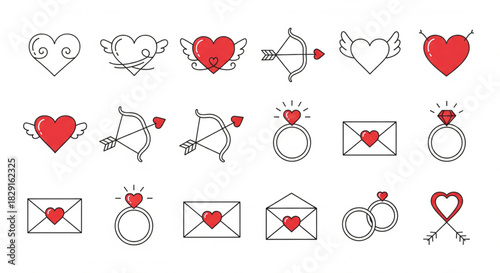 A collection of romantic line icons featuring hearts, Cupid's arrows, love letters, and engagement rings for Valentine's Day and wedding designs