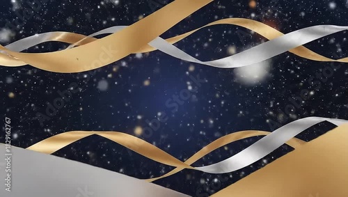 Luxury Gold and Silver Ribbons Waving on a Sparkling Dark Blue Background Loop