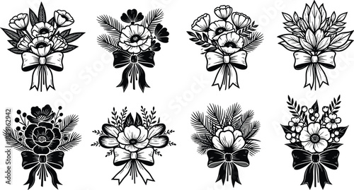 Vintage floral bouquet collection with decorative bows, elegant hand-drawn flower arrangements, botanical illustration set, monochrome decorative floral design elements